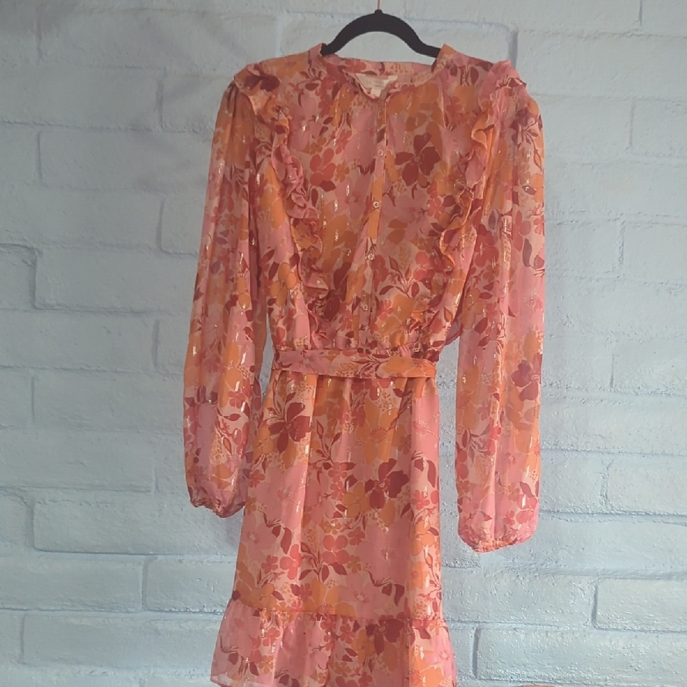 LC Lauren Conrad Pink Floral Metallic Long Sleeve Dress